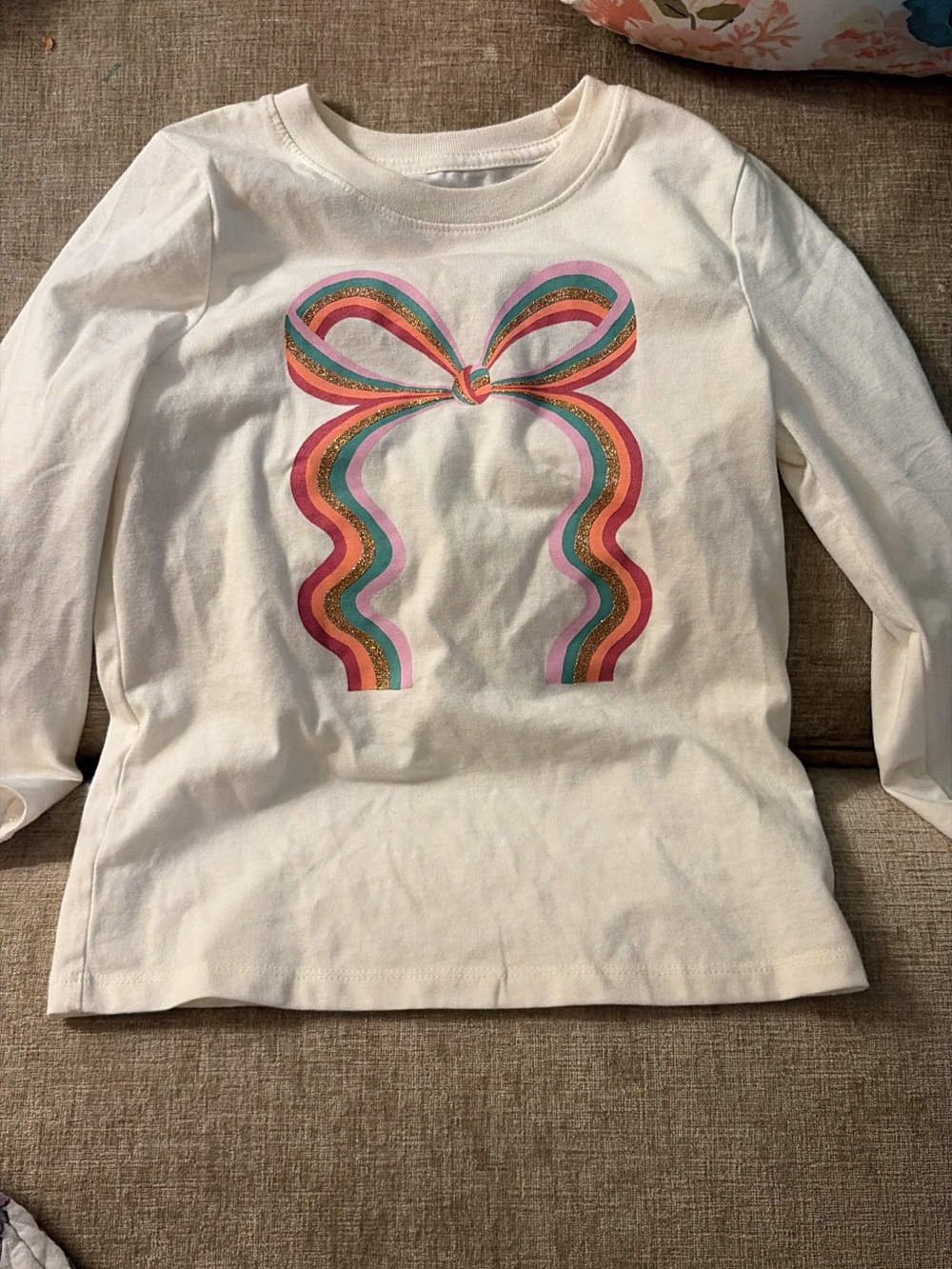 Girls' Cream Long-Sleeve Top with Rainbow Bow Graphic